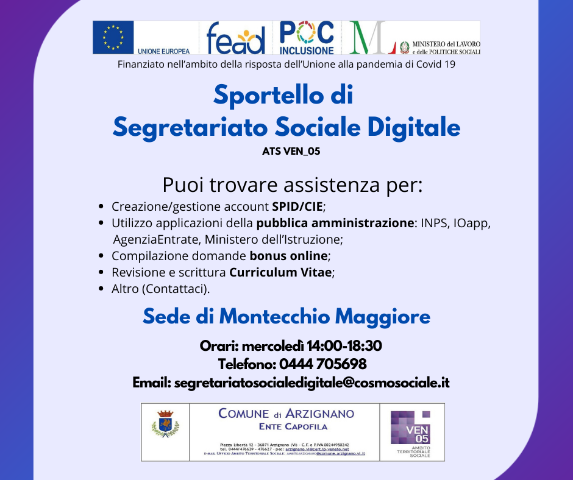 Locandina Sportello di Segretariato Sociale Digitale ATS VEN_05 Sede di Montecchio Maggiore